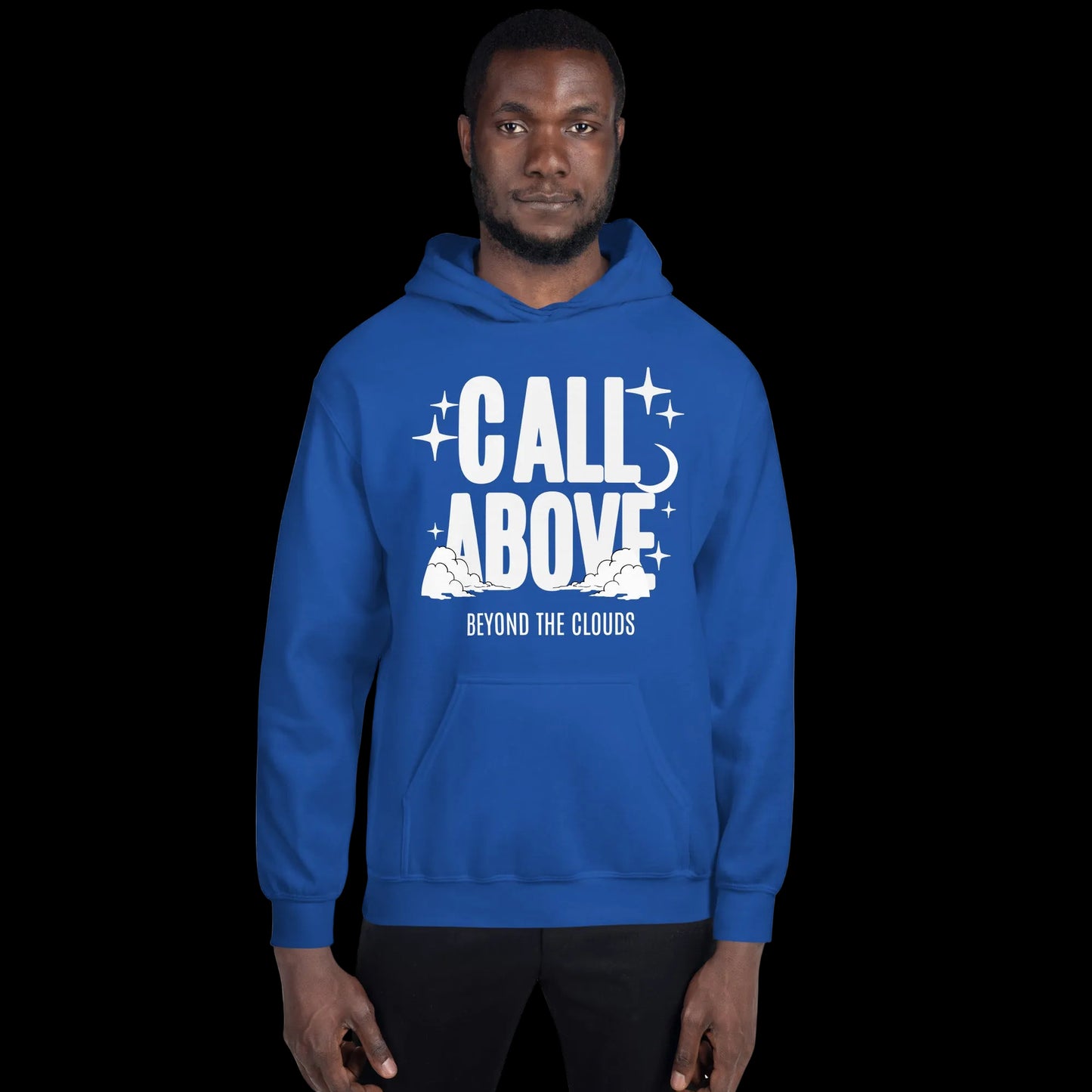 Man wearing a blue hoodie with 'Call Above Beyond the Clouds' text a dial above design