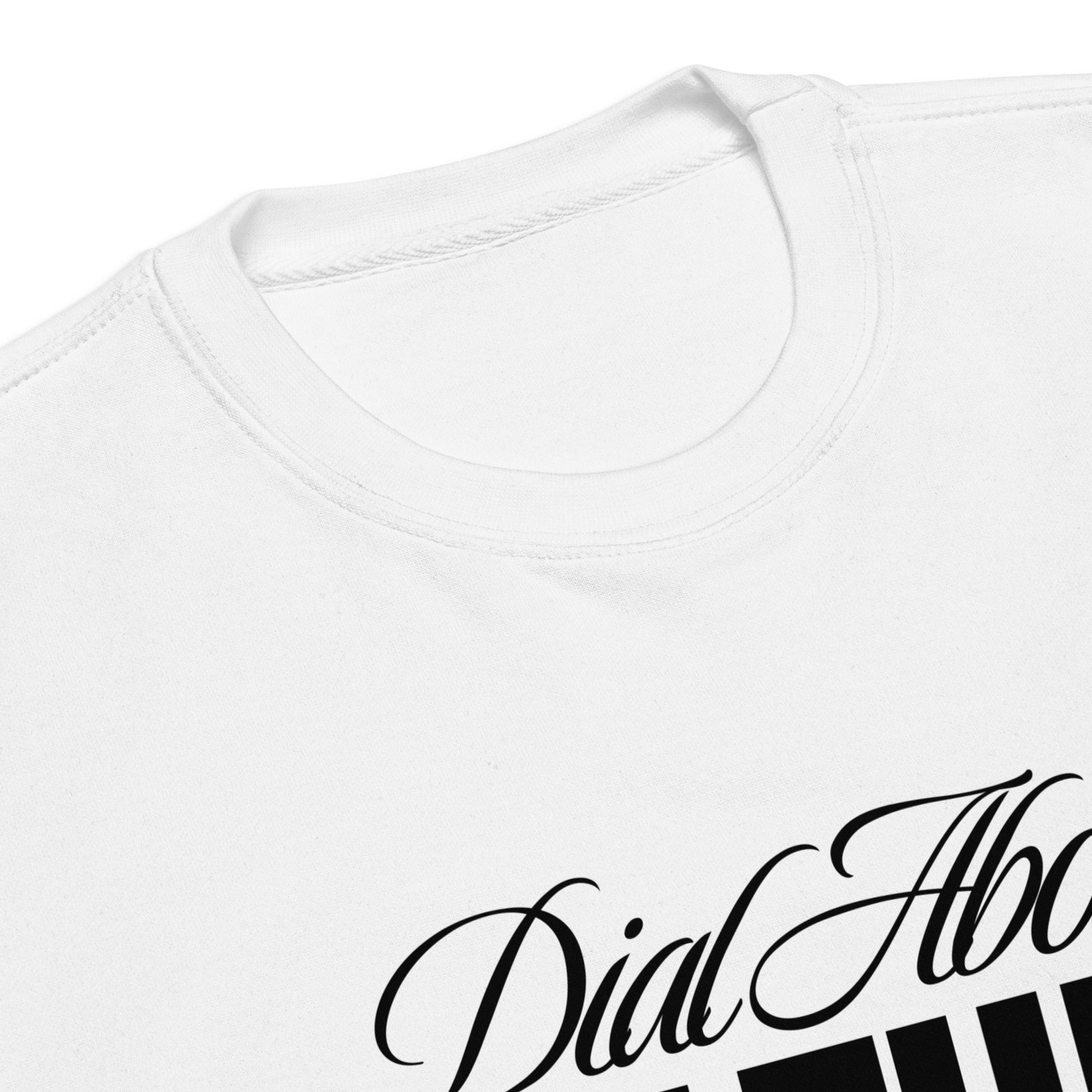 White shirt with black text and design on a white background