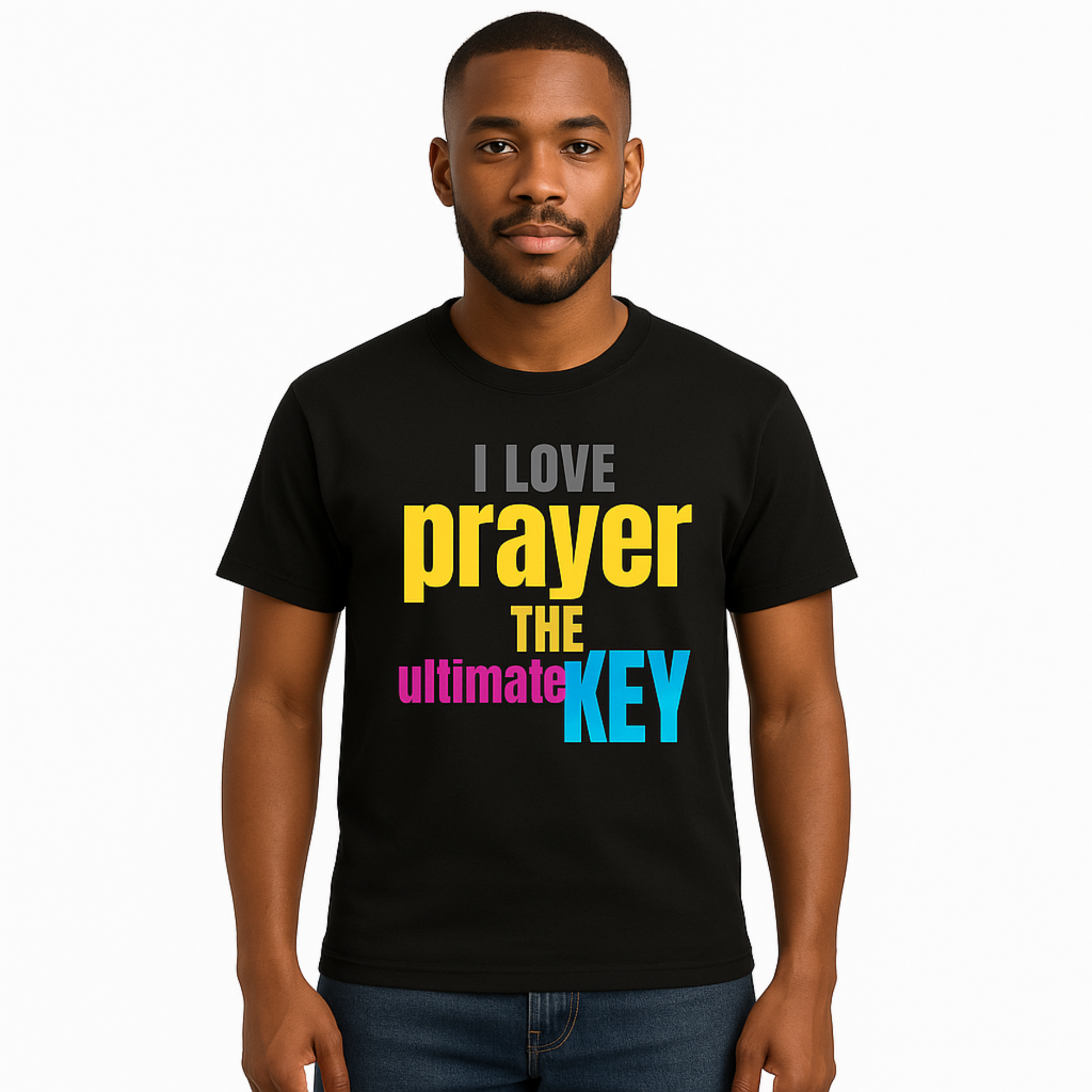 Man wearing a black t-shirt with colorful text design on a white background