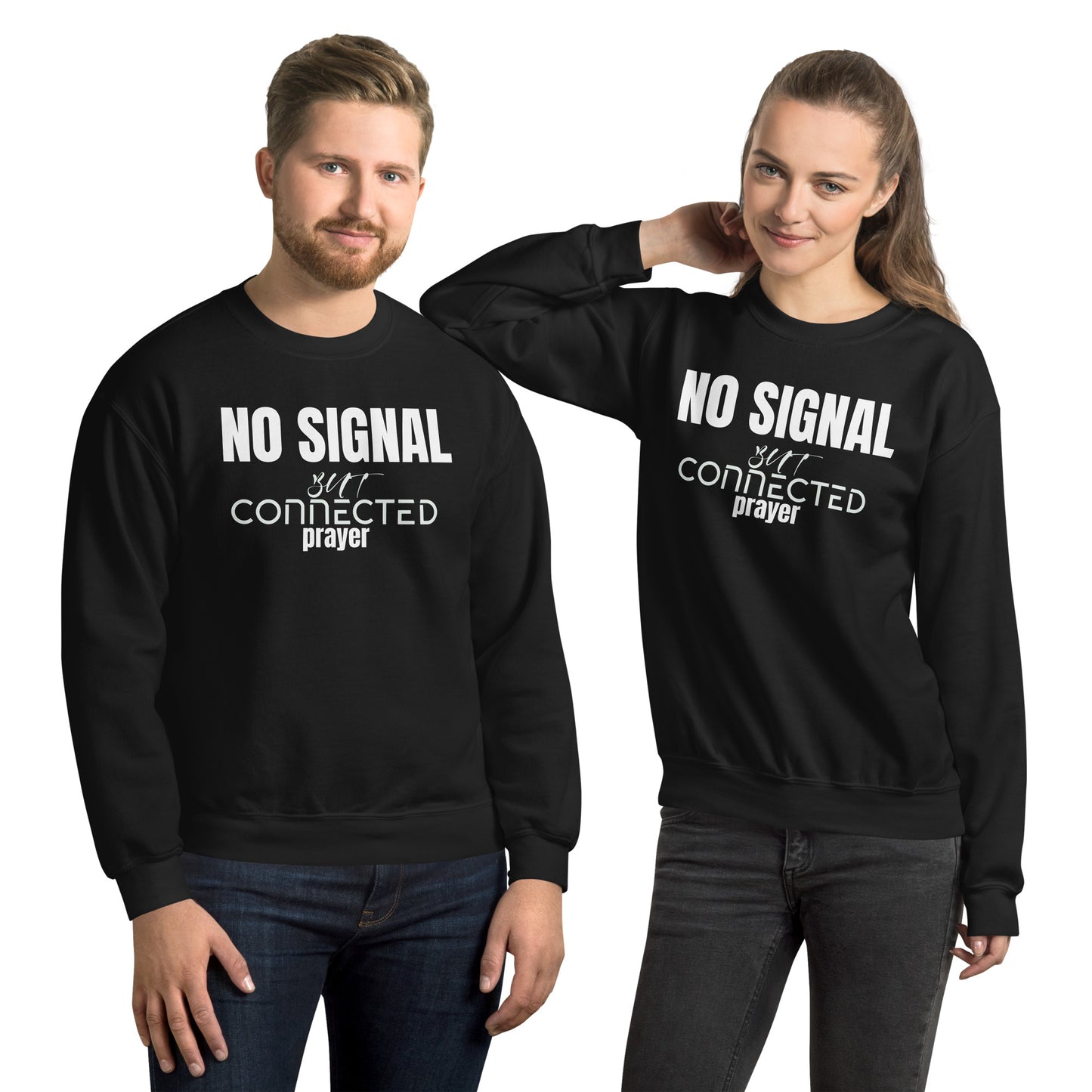 Two people wearing black sweatshirts with 'No Signal' text on a white background