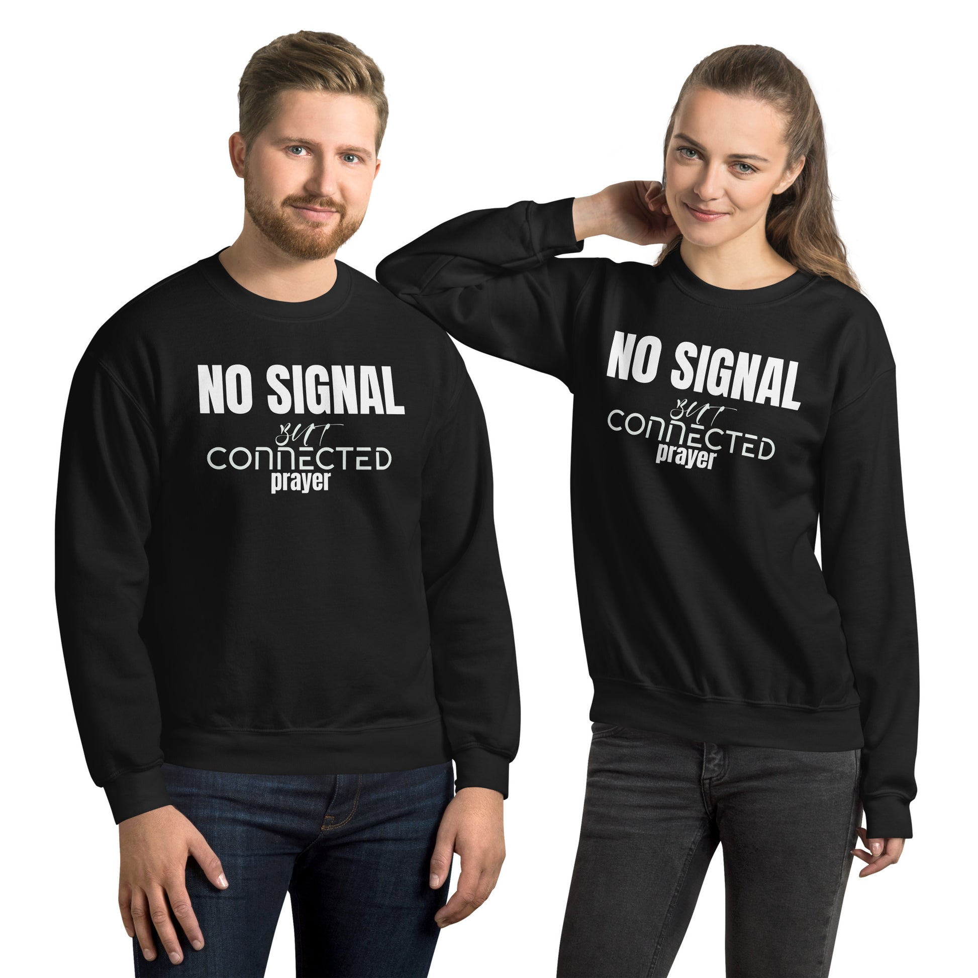 Two people wearing black sweatshirts with 'No Signal' text on a white background