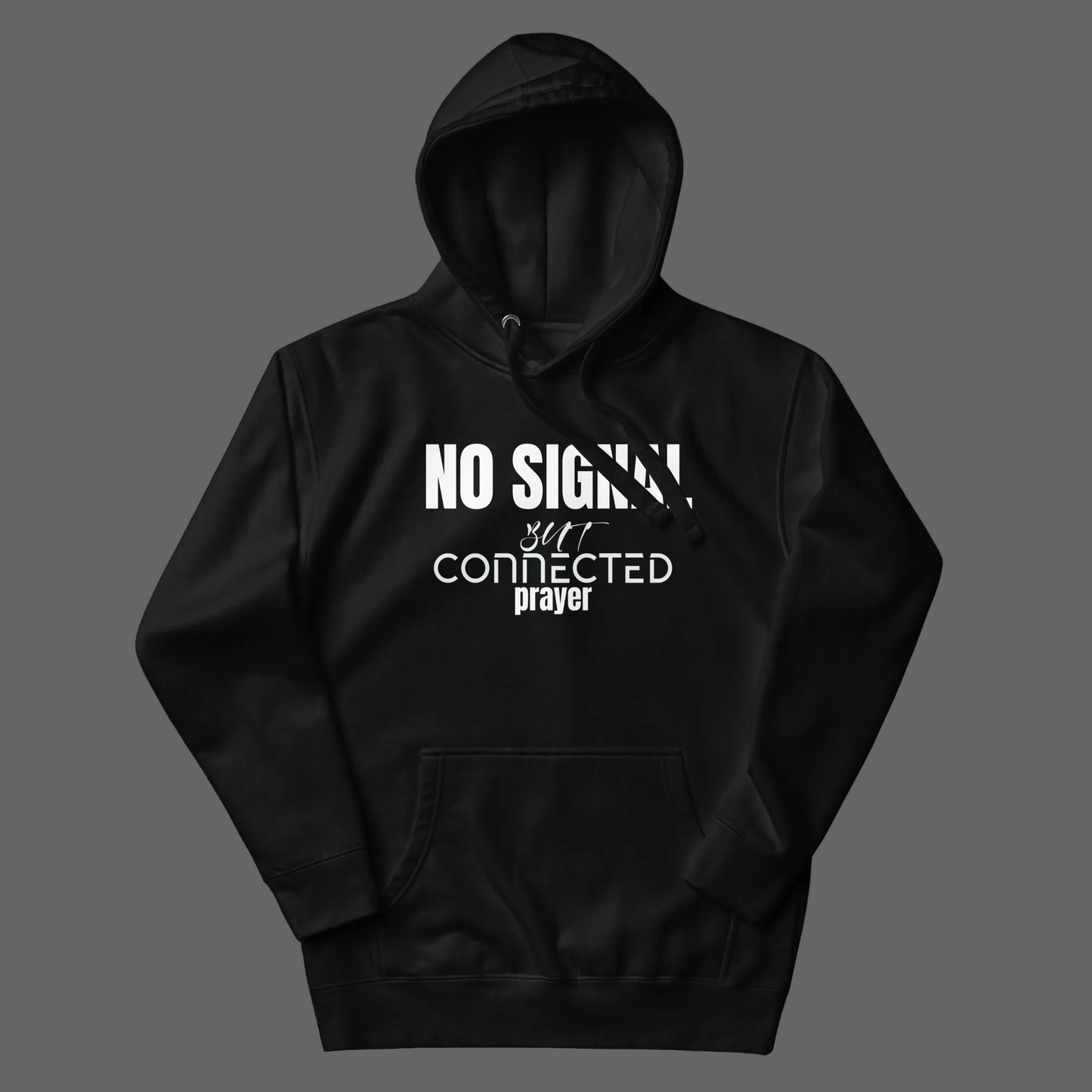 Black hoodie with white text on a grey background