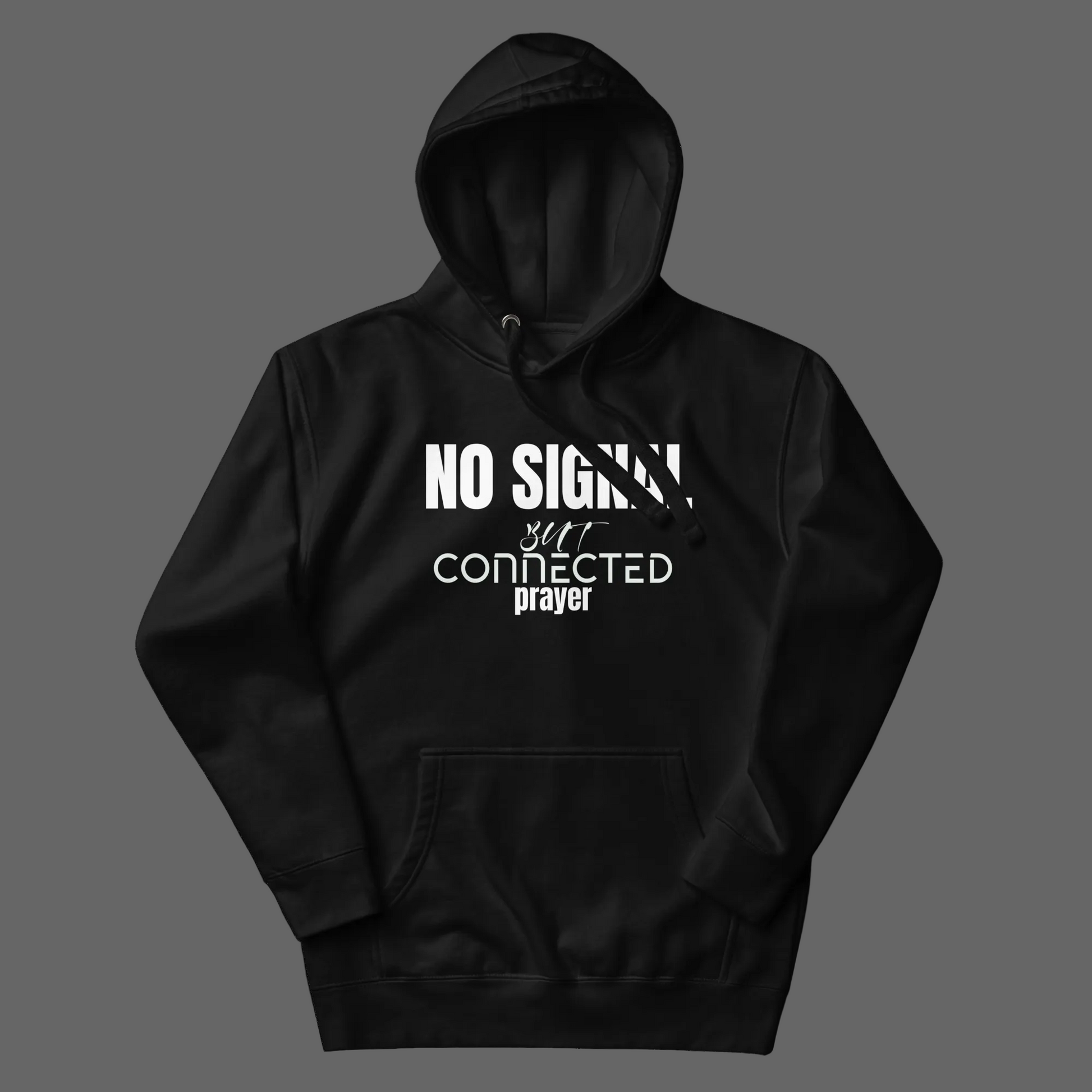 Black hoodie with white text on a grey background