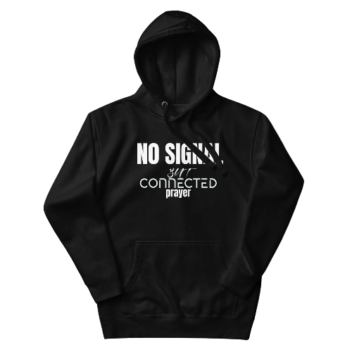 Black hoodie with white text on a grey background