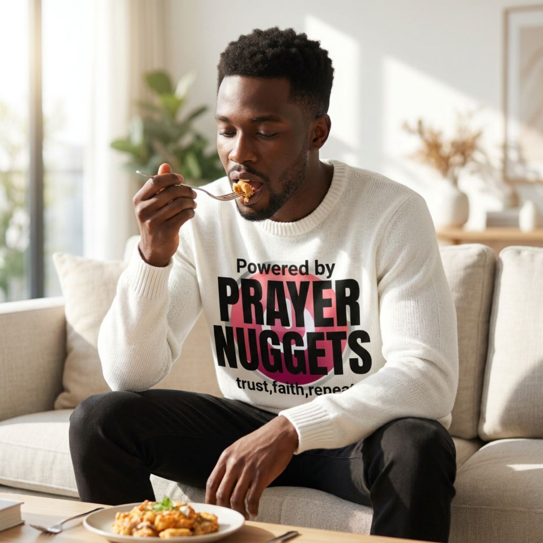 Man wearing a sweater with 'Powered by Prayer Nuggets' text, sitting on a couch eating.