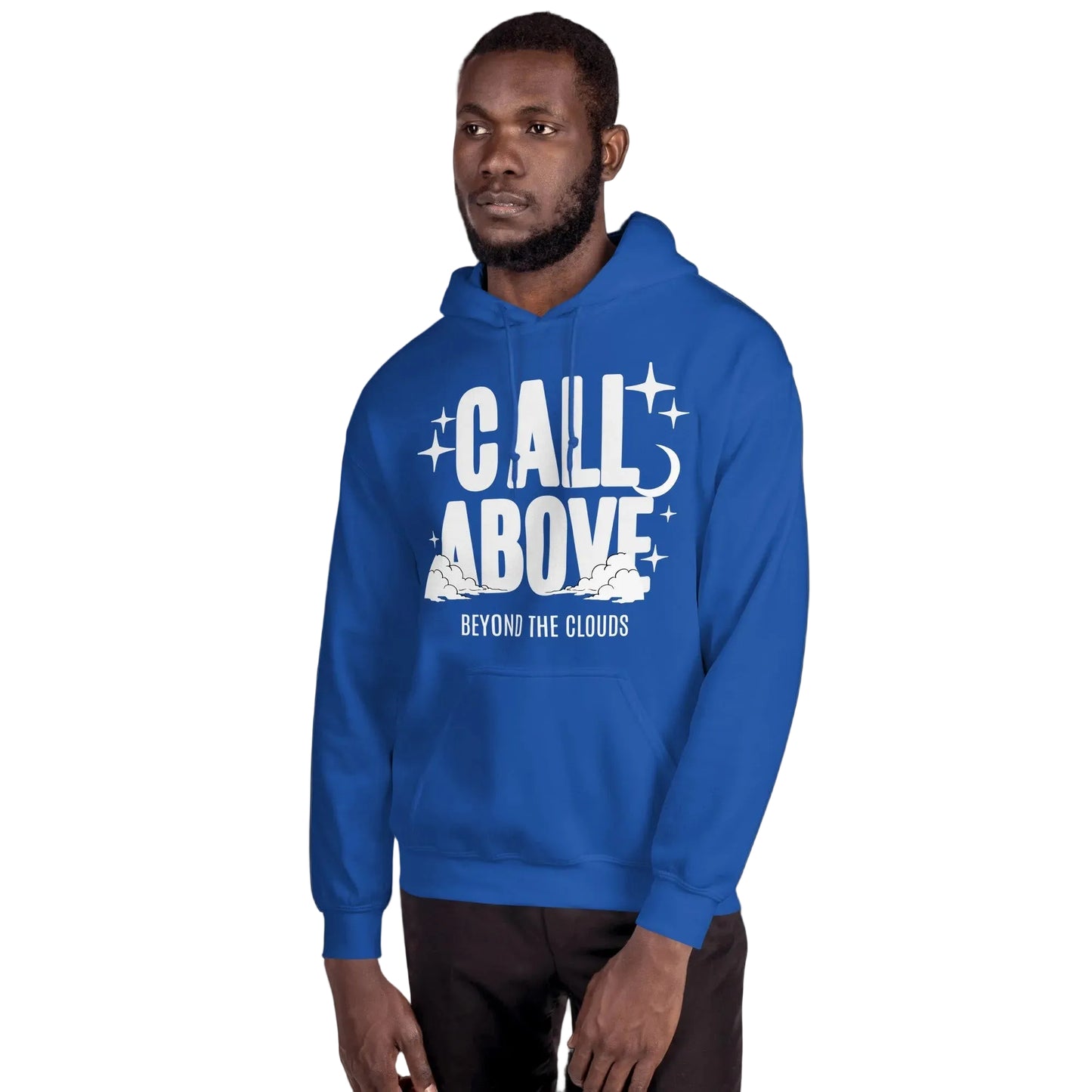 Person wearing a blue hoodie with 'Call Above Beyond the Clouds' text on a plain background