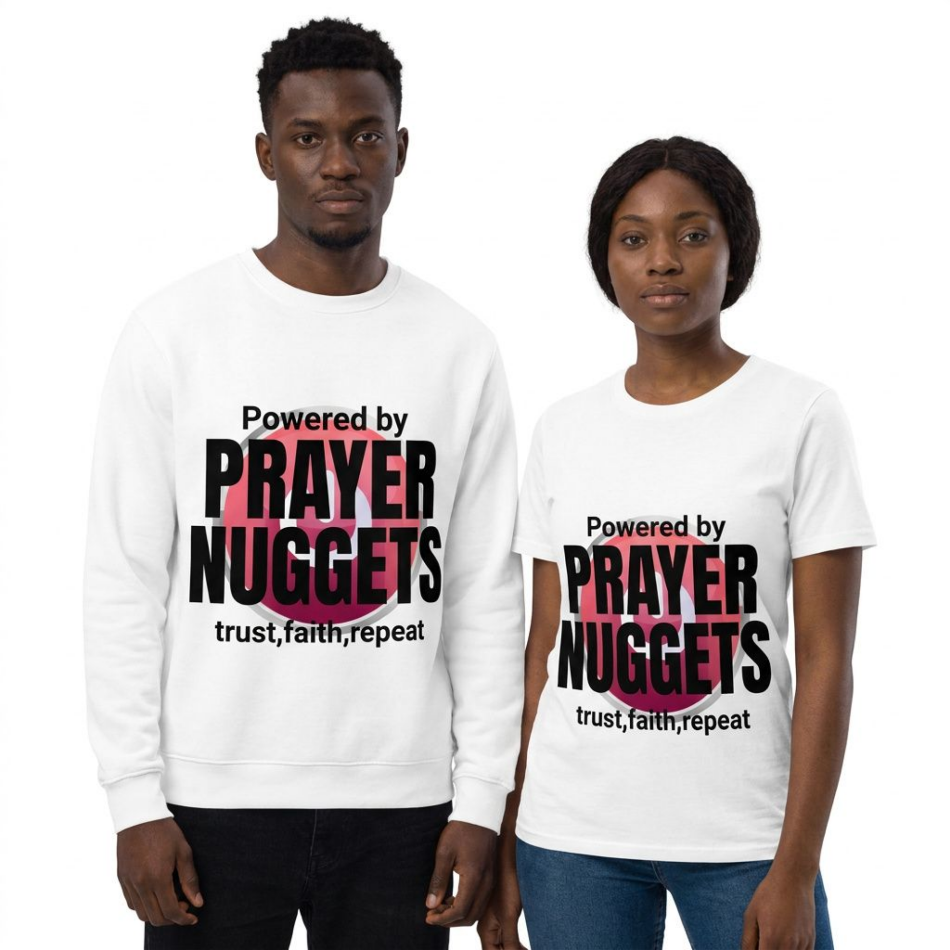 Two people wearing white shirts with 'Powered by Prayer Nuggets' text design.