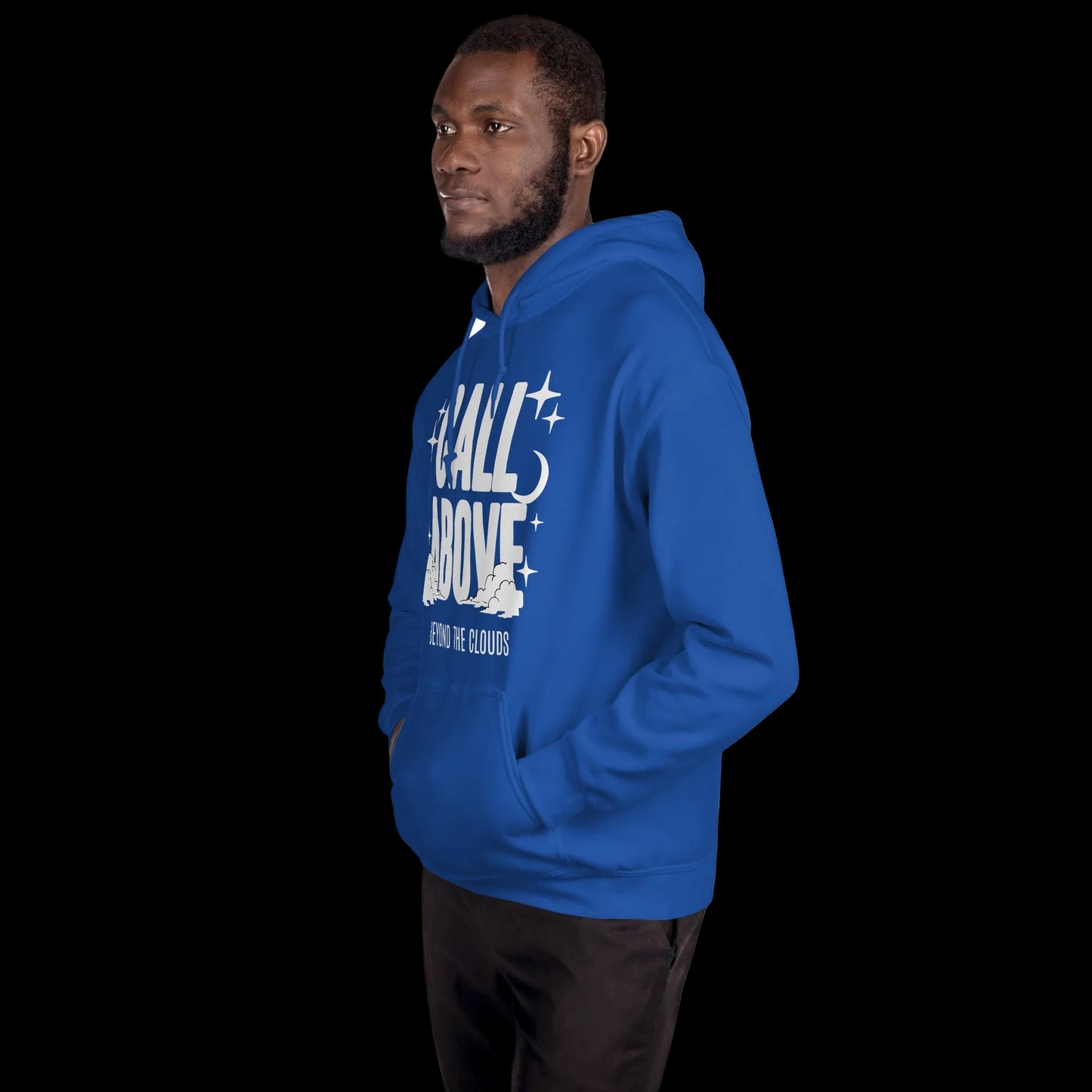 Man wearing a royal blue hoodie with text call above on a plain background dial above design