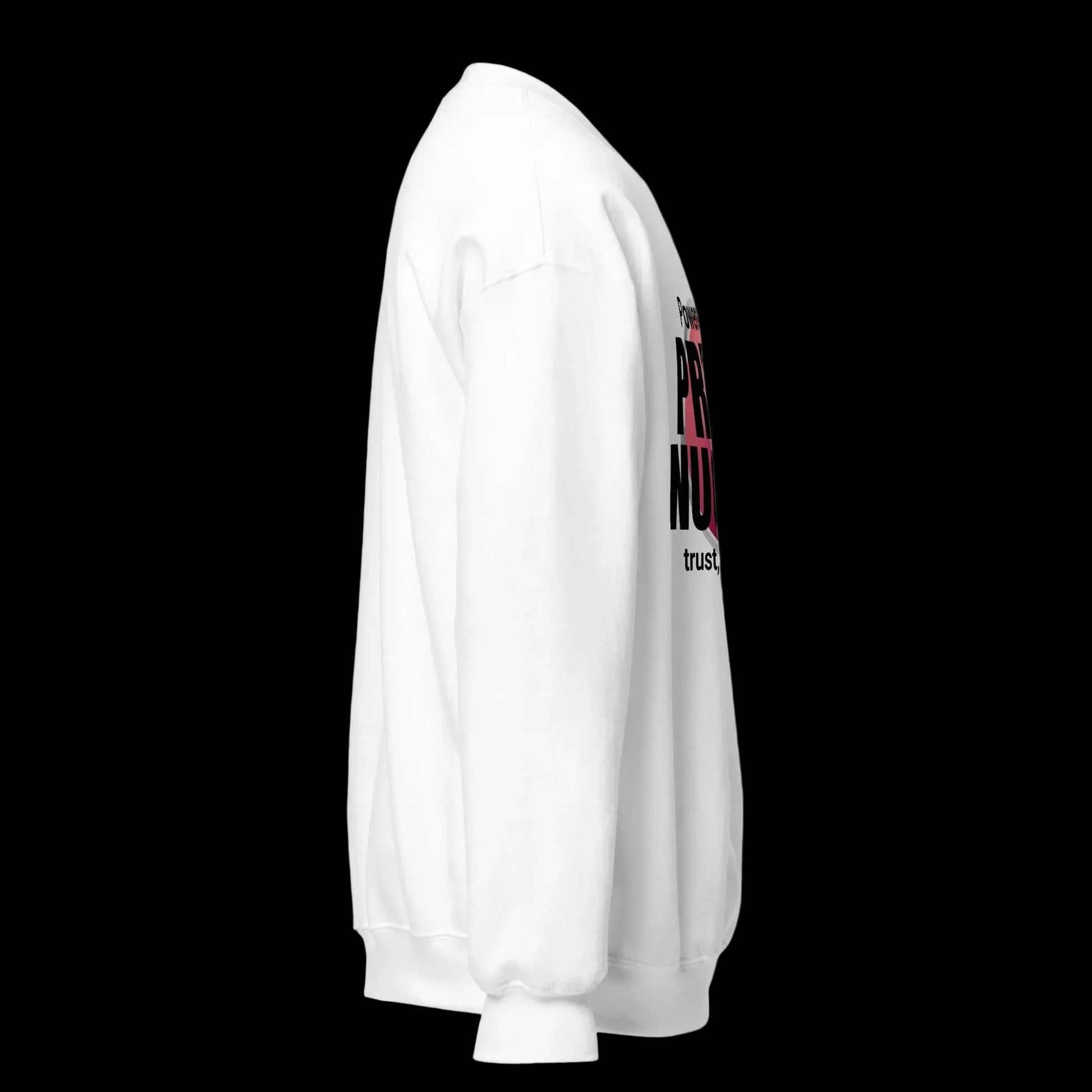 White sweatshirt with prayer nuggets text against a white background