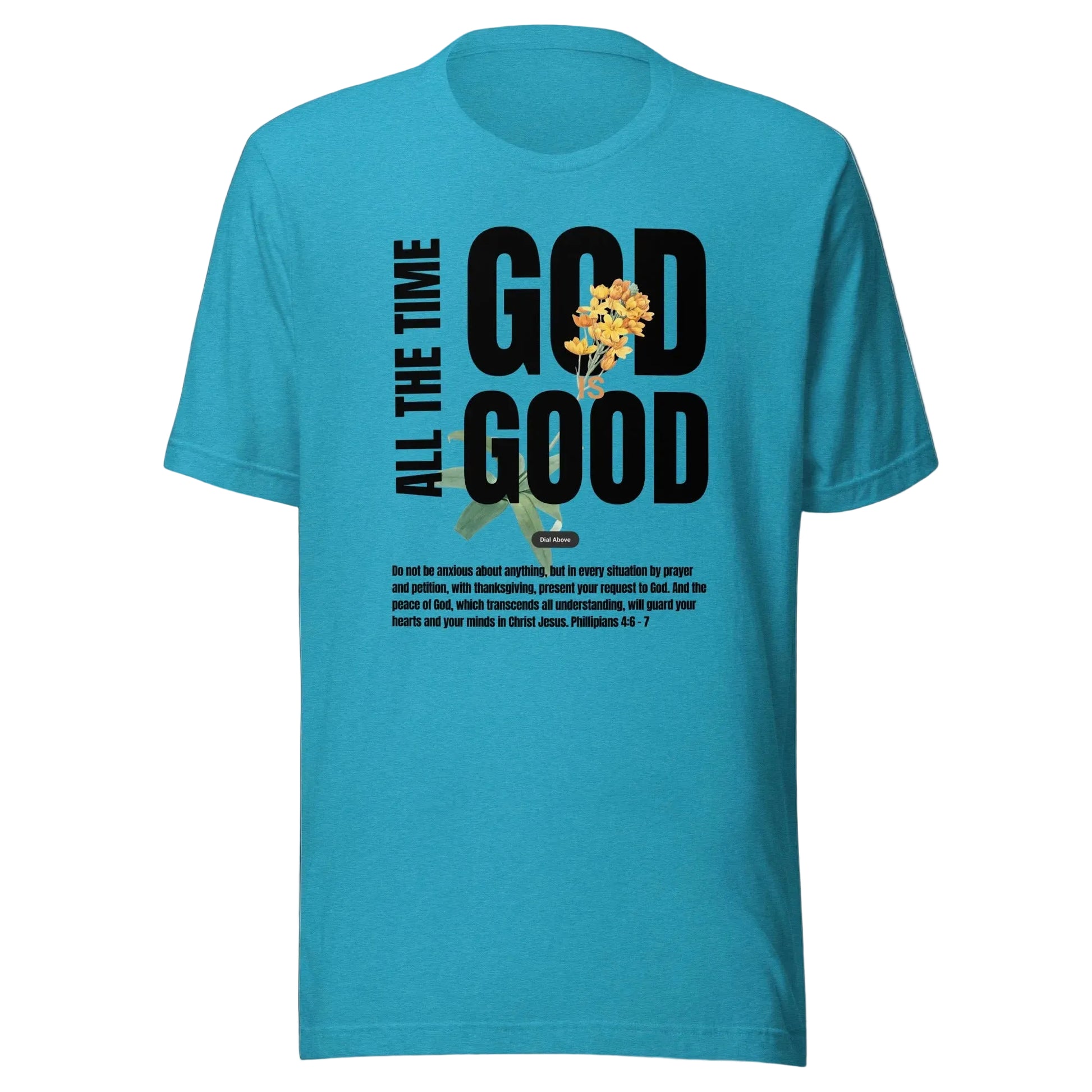 Blue t-shirt with 'GOD GOOD' text and floral design on a white background