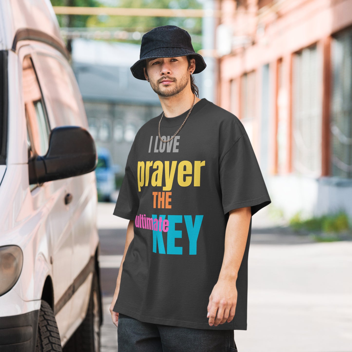 I Love Prayer The Ultimate Key, Unisex Oversized faded t-shirt