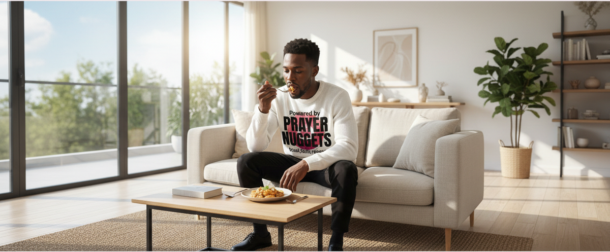A model wearing a white long-sleeve crewneck sweatshirt with 'PRAYER NUGGETS' text Dial Above design.