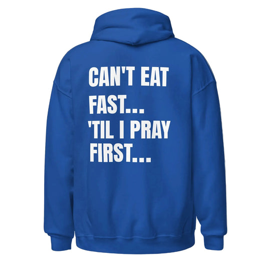 Royal Blue hoodie with white a prayer text on the back, a  Dial Above design
