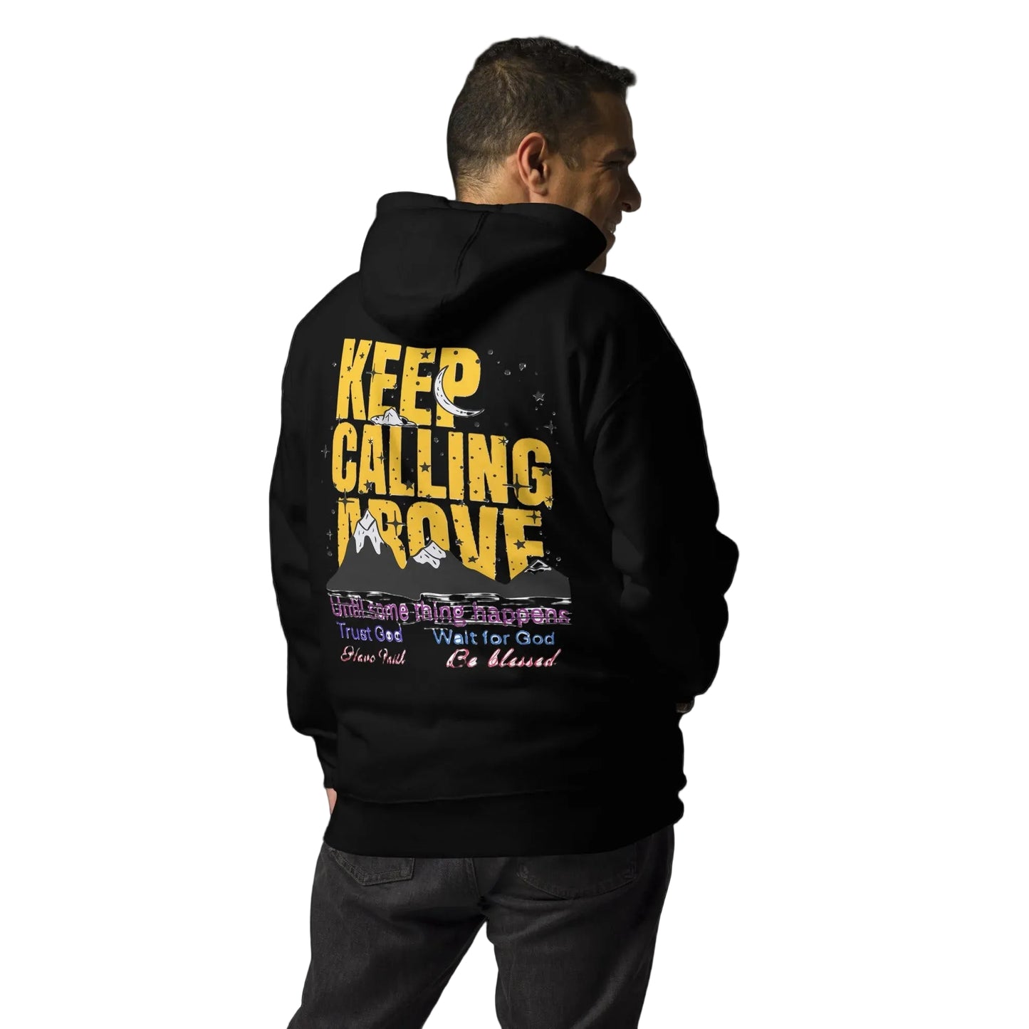 Person wearing a black hoodie with a prayer text on the back, a dial above design